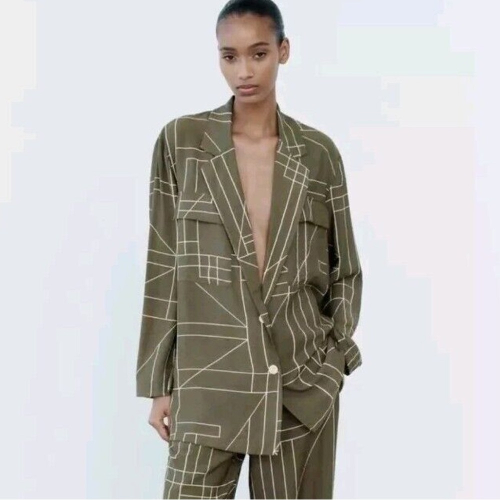 Zara Olive Green Geo Print Blazer